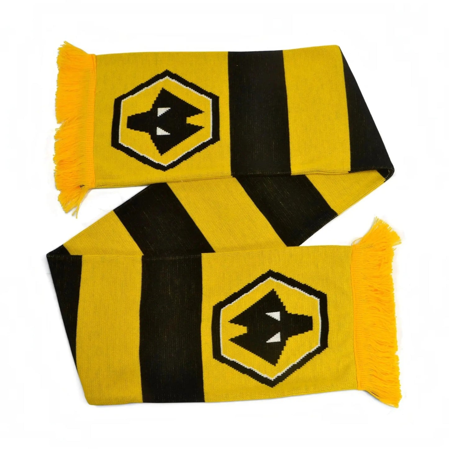 Forever Vintage black and yellow jacquard knit bar scarf featuring the Wolverhampton Wanderers FC wolf head logo