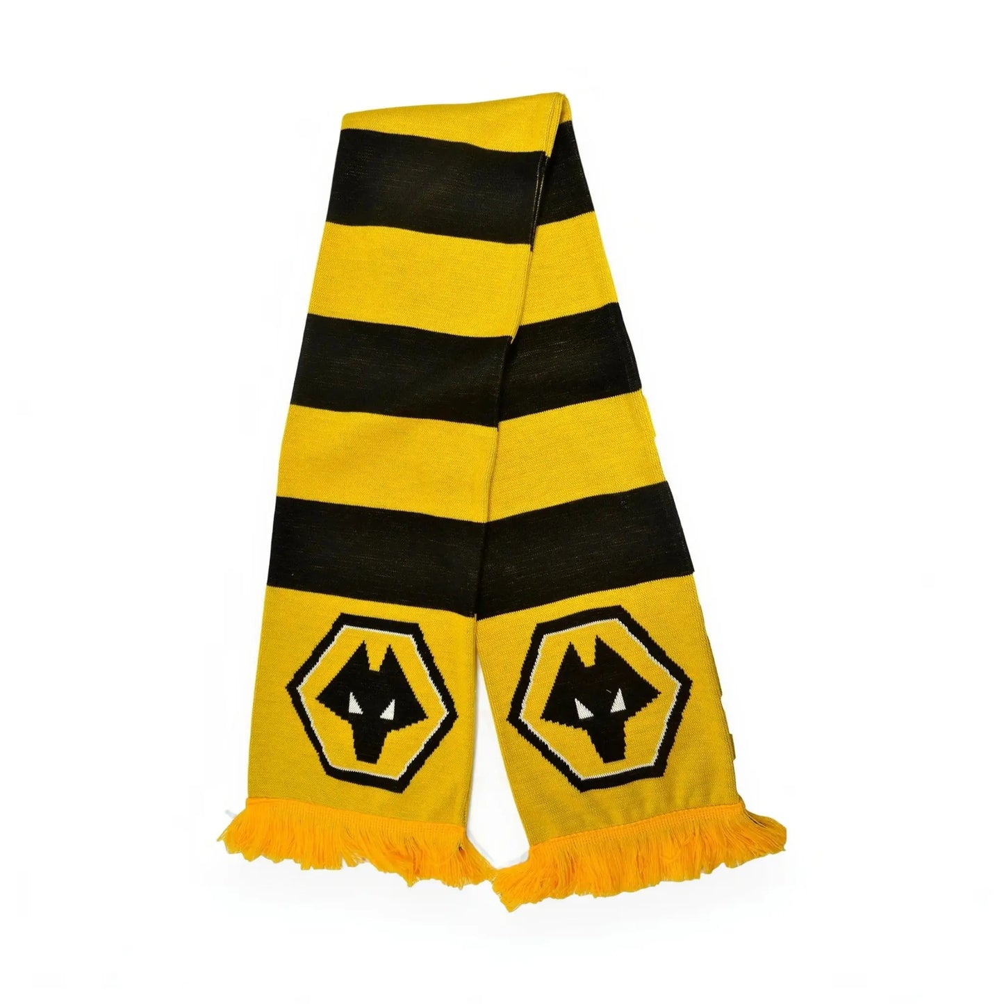 Forever Vintage black and yellow jacquard knit bar scarf featuring the Wolverhampton Wanderers FC wolf head logo